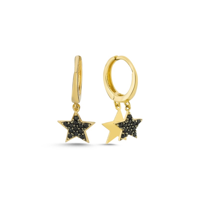 14K Gold Double Star Earrings with Black Zircon Stones