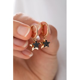 14K Gold Double Star Earrings with Black Zircon Stones