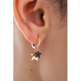 14K Gold Double Star Earrings with Black Zircon Stones