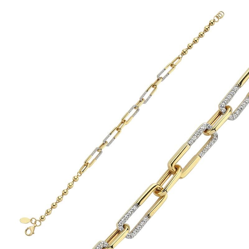 14 Karat Gold Paperclip Bracelet with Zircon Stones